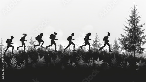 Black silhouettes of a person overcoming an obstacle. An obstacle race symbol. Modern illustration. © DZMITRY