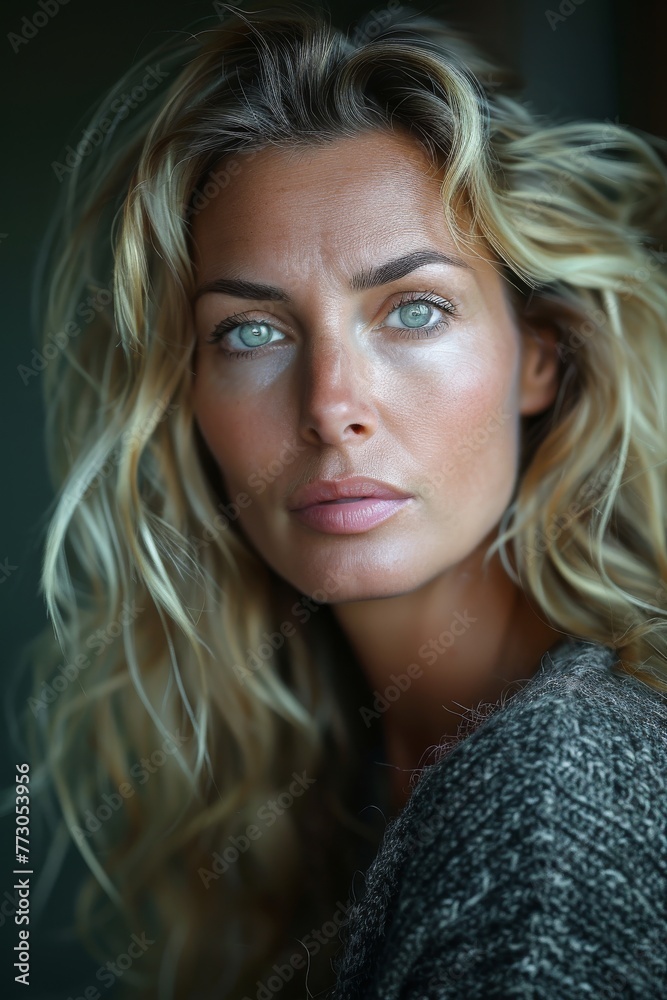 Portrait of a beautiful Italian woman in her 30s, with detailed features that include blonde hair Portrait of a beautiful Italian woman in her 30s, with detailed features that include blonde hair