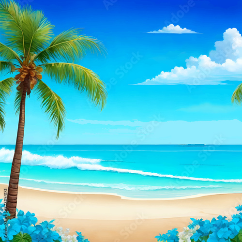 Illustration of a beautiful beach with palm trees and a view of the azure blue ocean.