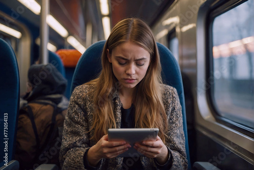 Wallpaper Mural Young woman using digital tablet in the train, student working online in the internet, stressed, receiving bad news, anxious, distressed, worried, using wireless technology. Torontodigital.ca