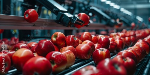 A conveyor belt of apples is being sorted by a machine