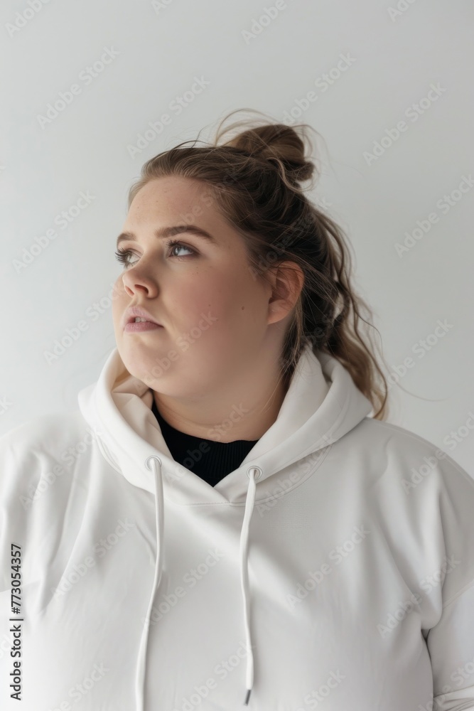 studio shot on white background of a obese 35 year old relatable swedish woman. studio shot on white background of a obese 35 year old relatable swedish woman.