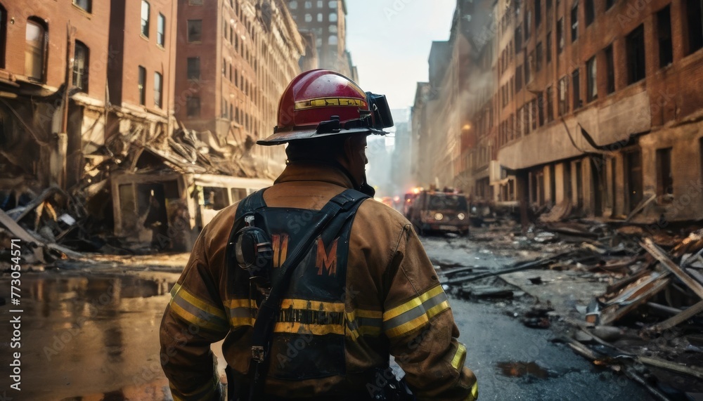 A firefighter surveys the aftermath of urban devastation, a poignant image of resilience in the face of destruction.