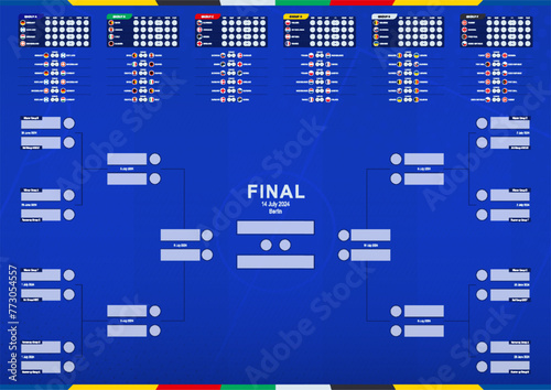 Match Schedule of European Football Competition, all matches, time and place. European flags of the participants of the football tournament.