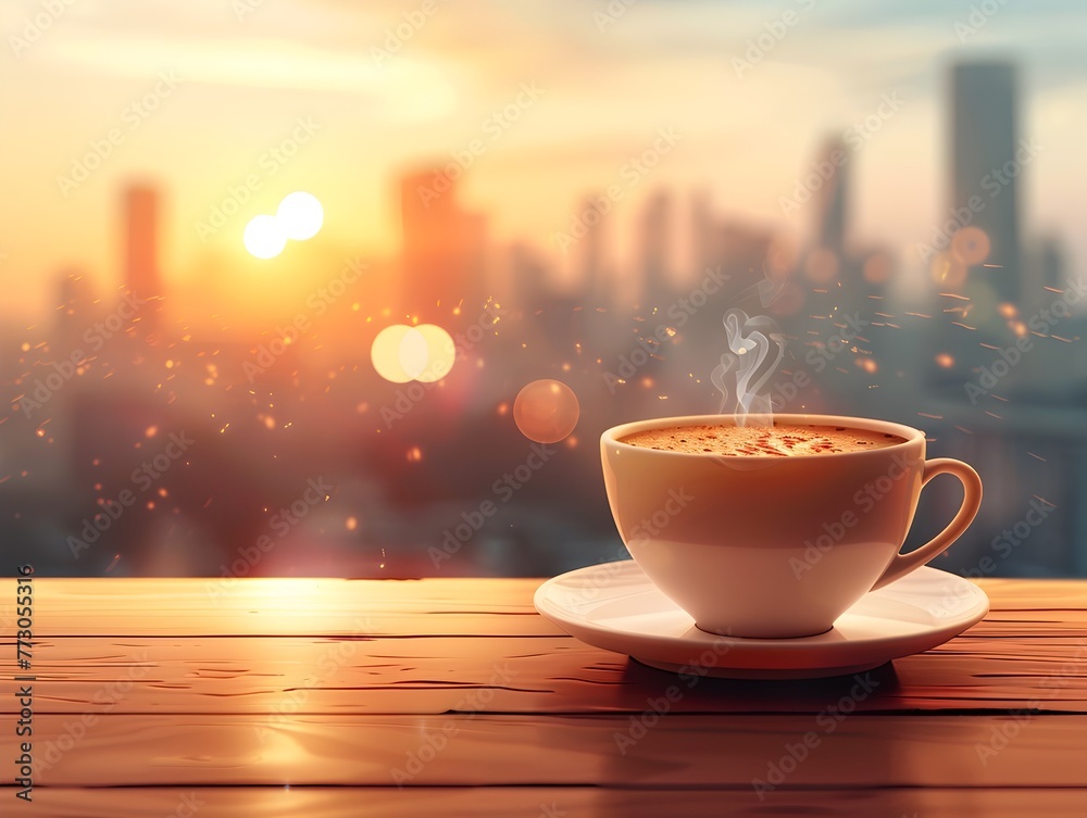 Morning Coffee with Sunrise Cityscape View on Wooden Table