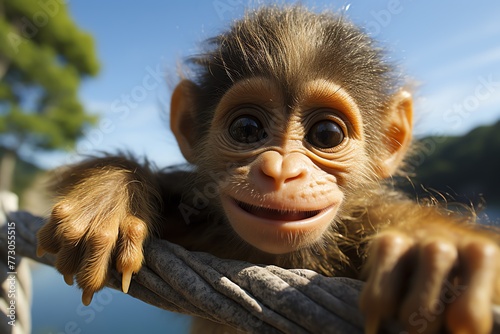 a baby monkey on a tree branch photo
