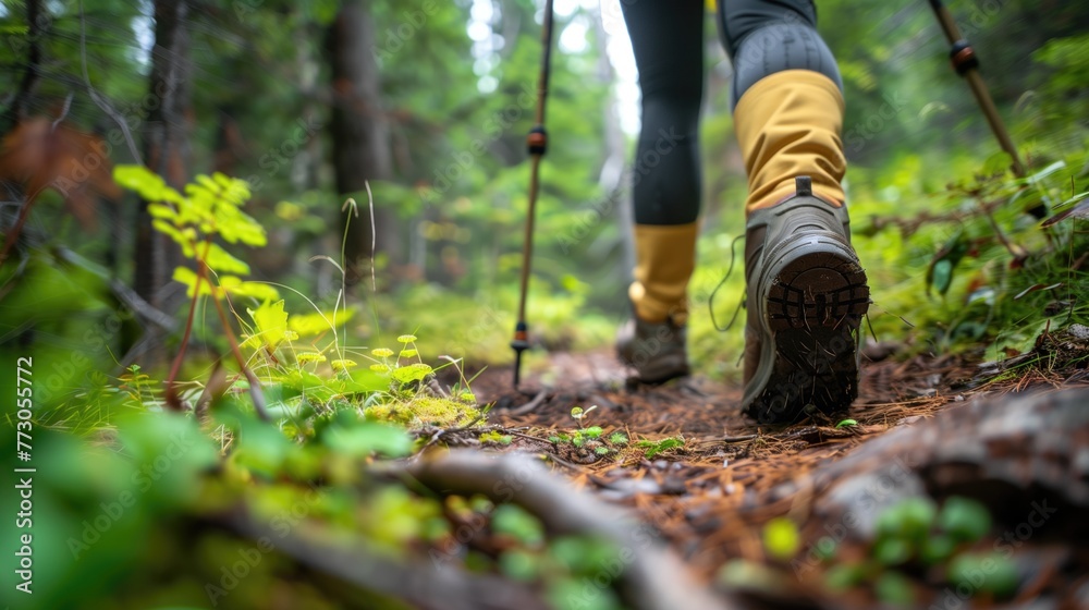 Female legs with sports shoes and backpack running on a trail mountain, Hiking in the mountains, close up, generative ai Female legs with sports shoes and backpack running on a trail mountain, Hiking in the mountains, close up, generative ai