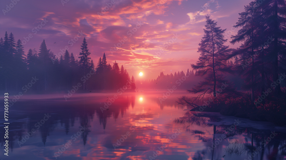 Sunset over lake, dawn, sunlight, water, reflection