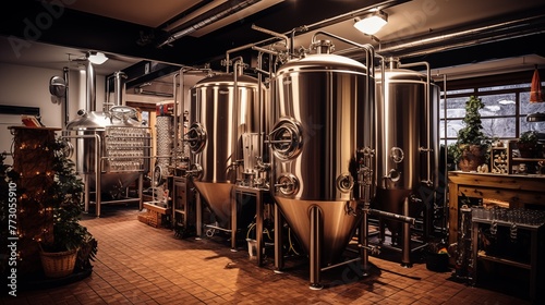 Copper brewery. Distillery. Modern  beer plant with brewering kettles, tubes and tanks. Microbrewery photo