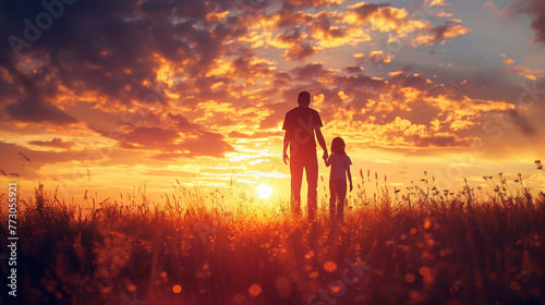Father and son walking in sunset field, lifestyle, silhouette, child, dusk