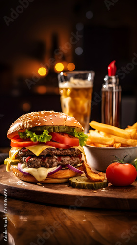Beef burger with cheese vegetables with Coke fries food photography poster background