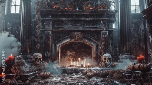An ominous view of an ancient gothic fireplace, shrouded in mist, with eerie pumpkins and ominous skulls arranged around it, hinting at supernatural occurrences and arcane rituals. 8K. photo
