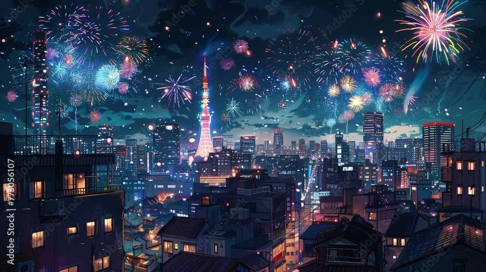 Celebrating the New Year in the City of Lights A Spectacular Firework Display Over the Tokyo Skyline Generative AI