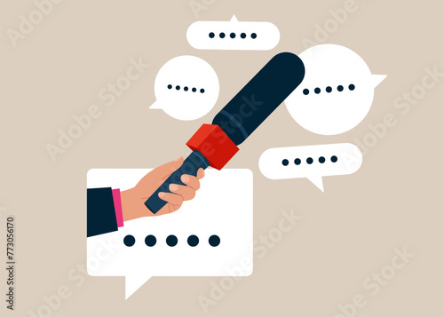 Transmitter, mike, misc, mic. Sound equipment. Holding microphone with speech bubble dialog box. Press Conference Idea, Interviews, latest news. Flat vector illustration