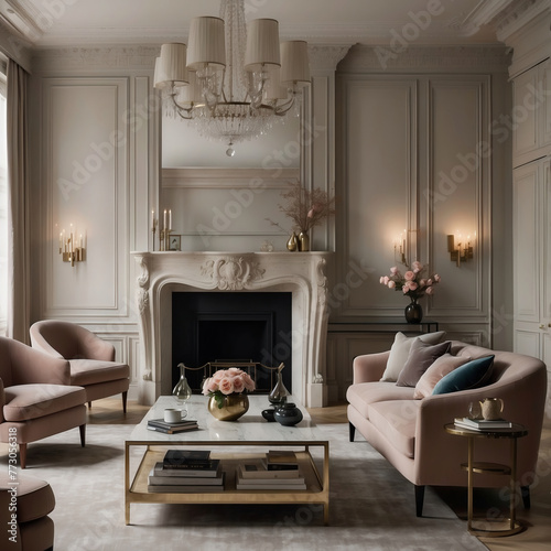 Pariser Wohnzimmer mit elegantem Kamin und stilvollen Samtmöbeln