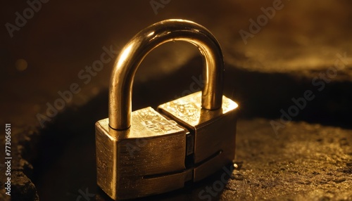 Golden padlock with a broken shackle rests on a gritty surface, illuminated by a warm, dark light, symbolizing broken security.