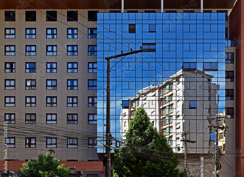 Building reflection on glass facade in Petropolis, Rio de Janeiro, Brazil