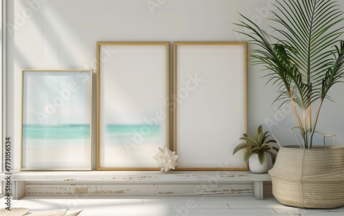 Mockup frame close up in coastal style home interior background  3d render