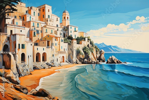 a painting of a beach with buildings and a body of water