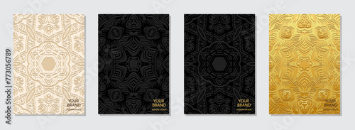 Set of covers, vertical templates. Decorative collection of relief, geometric backgrounds with ethnic 3D patterns. Doodling, handmade, boho. Vintage exoticism of the East, Asia, India, Mexico, Aztec
