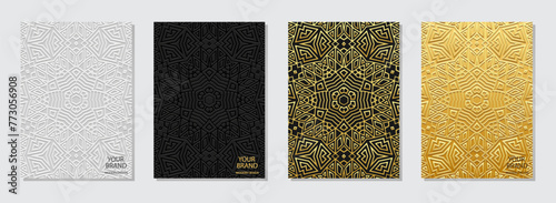 Set of covers, vertical templates. Stylish collection of embossed, geometric backgrounds with ethnic 3D patterns. Doodling, handmade, boho. Vintage exoticism of the East, Asia, India, Mexico, Aztec