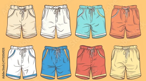 A collection of flat sketches depicting men's shorts with an elastic waist and drawstring, presented in vector format photo