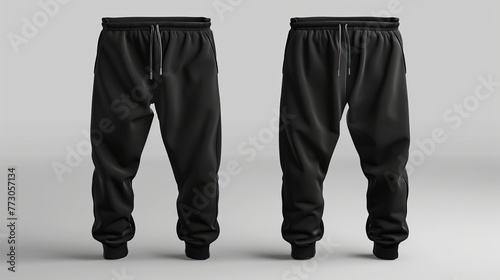 A mockup of blank black men's pants, shown from the front and side in a 3D rendering, depicting a simple loungewear design photo