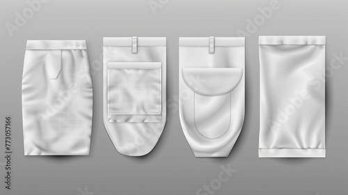A realistic set of white pocket templates, designed for use on various garments like clothes and bags, presented against a transparent background photo