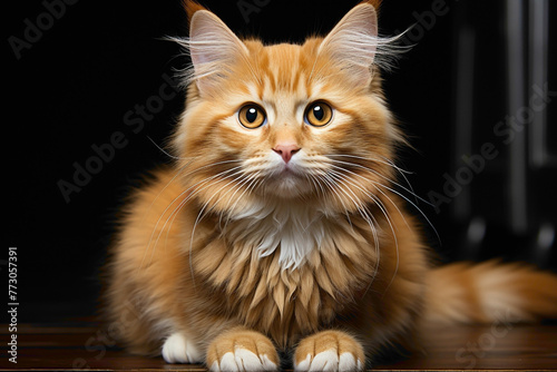 A fluffy mint-colored kitten with wide, innocent eyes, sitting inquisitively on a solid orange backdrop, creating a delightful visual contrast. © Animals
