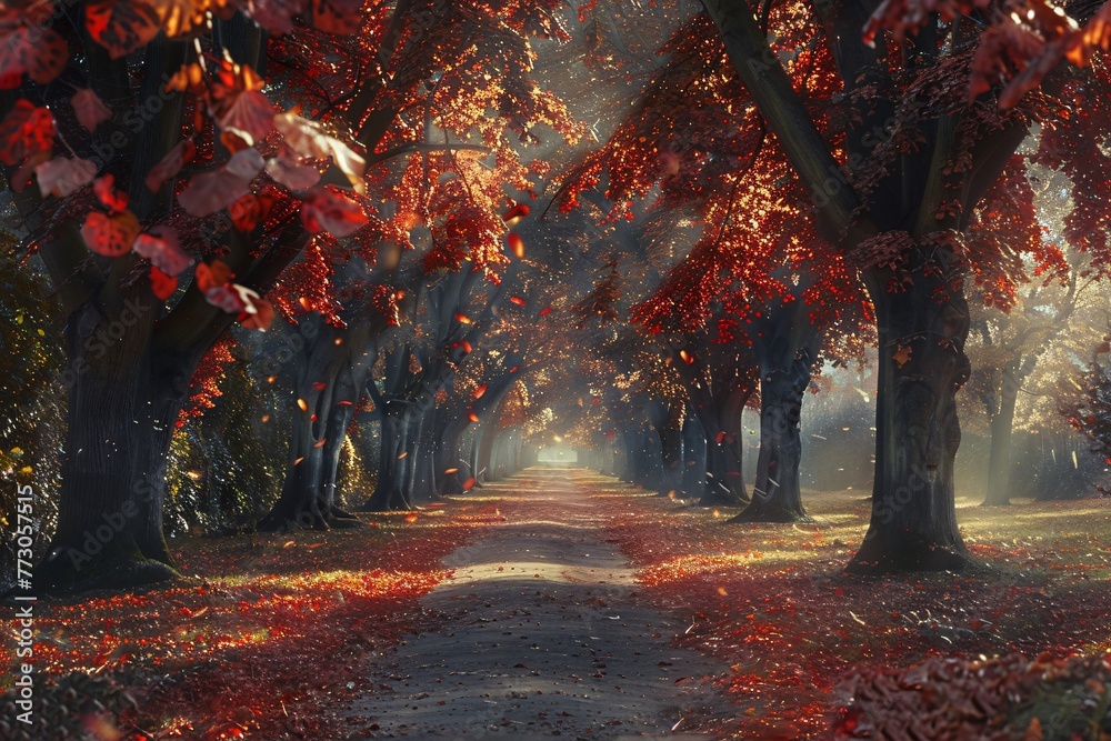 Autumn's Embrace A Tree-Lined Path in the Foliage Generative AI