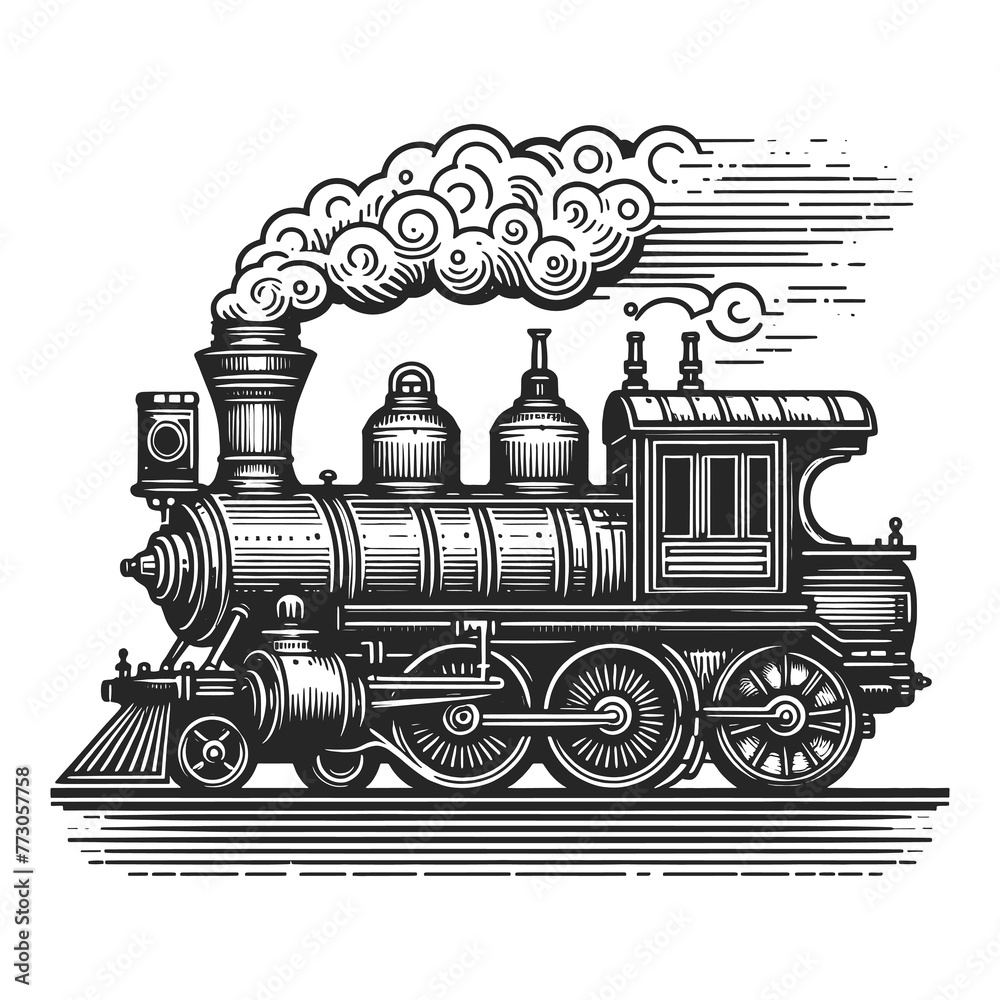 Steam locomotive train in steampunk style sketch engraving generative ai raster illustration. Scratch board imitation. Black and white image. - obrazy, fototapety, plakaty 