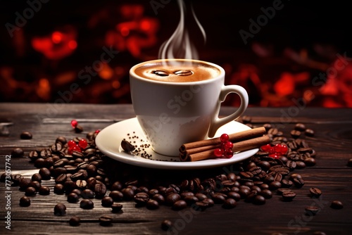 a cup of coffee with cinnamon sticks and beans on a table