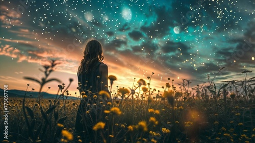 Young woman in the field with dandelions and starry sky