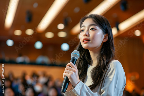 young public speaker on stage with microphone engaging with audience in a conference hall