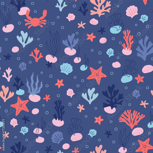 Natural seamless pattern with undersea flora and fauna, sea or ocean life on dark blue background. Undersea backdrop with coral, algae, starfish, shells, coral reefs. Flat vector illustration