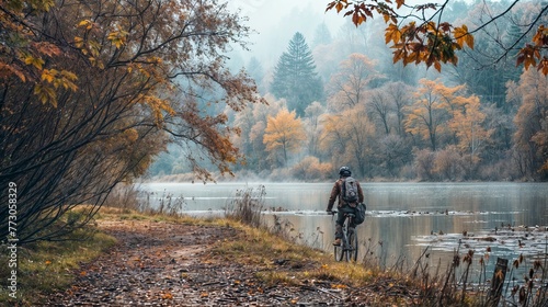 Cyclist on the shore of a lake in the autumn forest