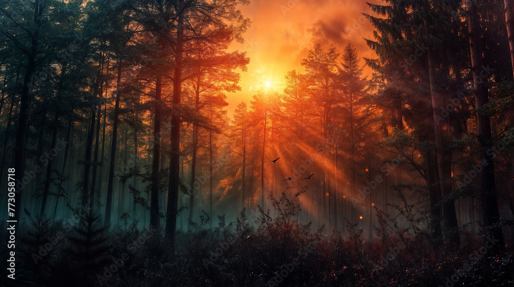 Foggy forest at sunrise. Nature background