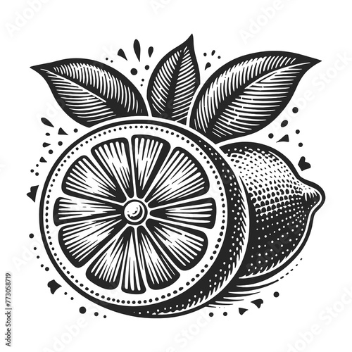 lemon citrus fruit, lemon slice, and leaves sketch engraving generative ai fictional character raster illustration. Scratch board imitation. Black and white image.