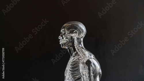 Human skeleton model on black background.