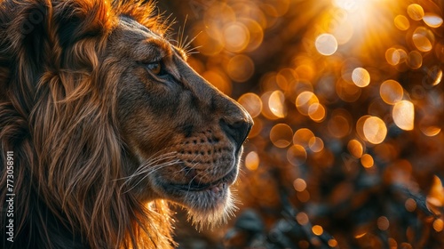 Portrait of a lion in the wild at sunset. Close-up.