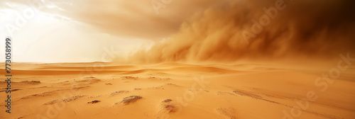 A massive sandstorm engulfs the desert, obscuring the sky and towering over the vast dunes below. photo