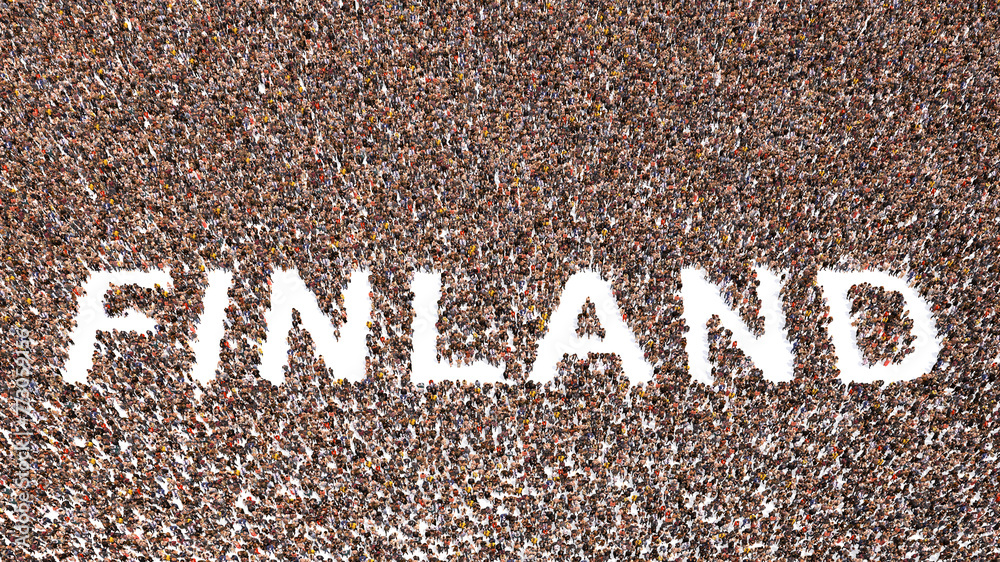 Concept or conceptual large community of people forming the word FINLAND. 3d illustration metaphor for culture, history and education, politics, economy and business, travel and adventure - obrazy, fototapety, plakaty 
