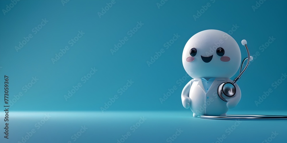 Obraz premium Friendly Robot Mascot with Stethoscope Listening to the Heartbeat of the Day Diagnostic Diligence with Copy Space