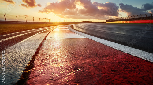 A dramatic sunset illuminates a racing track, with the vibrant sky reflected on the wet asphalt of the curve.