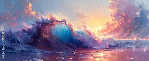 Purple Wave Crashing on the Shore A Stunning Sunset Painting Generative AI