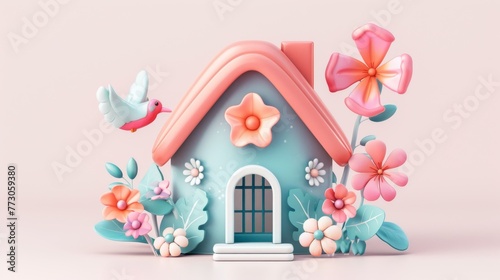 3d cute house with flowers and birds on pink background