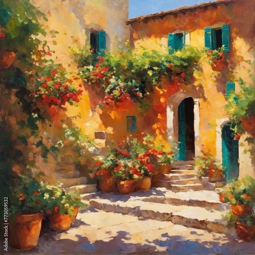 impressionism oil painting concept, summer day in Italy. Italian street with blooming flowers, city landscape. for card, sticker, interior, banner, flyer, poster © shadowart