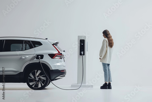girl charges an electric car charging station