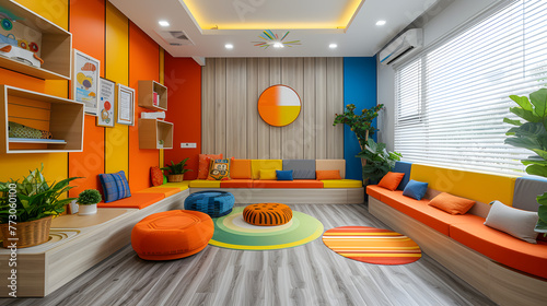 Bright and cheerful children s play area in a healthcare facility with colorful seating and decorative elements. Contemporary design promoting comfort and relaxation