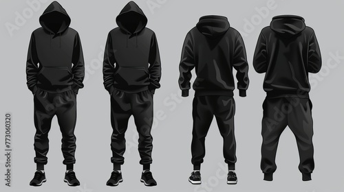 Vector mockup of black sportswear for men, including a hoodie and trousers, suitable for athletic wear photo